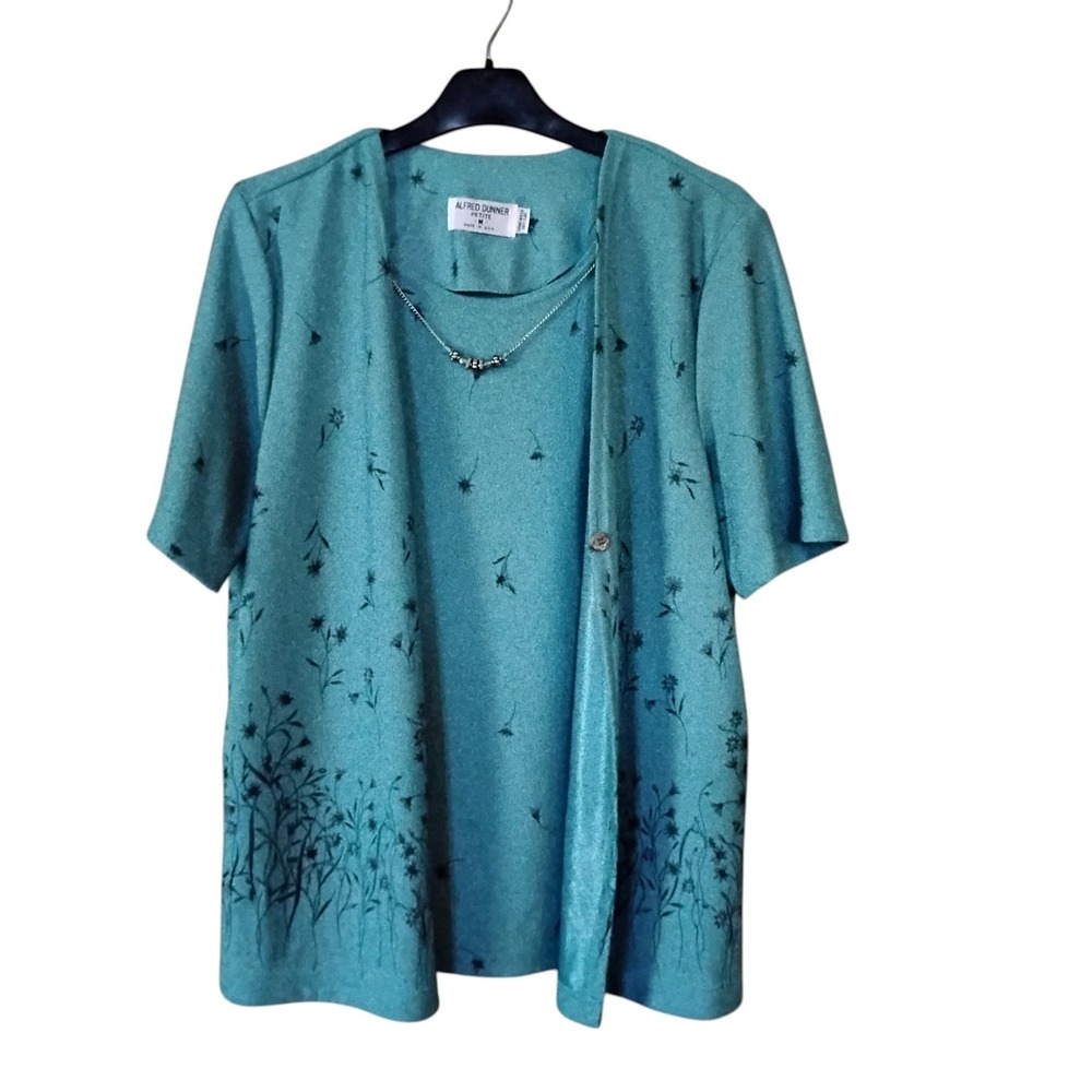 Alfred Dunner Petite Medium Teal Blue Floral 2 Piece Set Cardigan Top Necklace